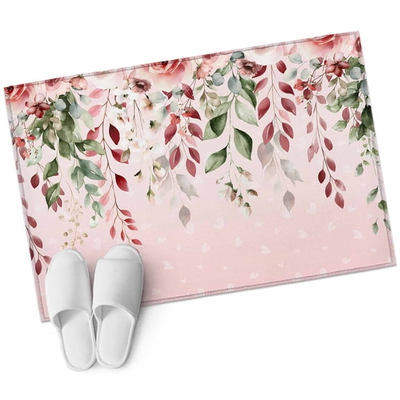 Roses Eucalyptus Leaf Washable Area Rug 2 x 3 ft Valentine's Day Pink Romantic, Soft Non Slip Rugs Stain Repellent Indoor Felt Carpet for Living Dining Room Bedroom Home Office