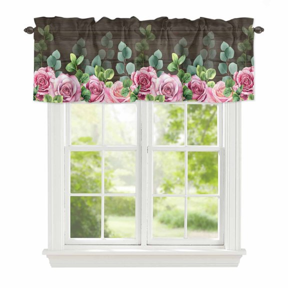 Roses Eucalyptus Leaf Window Valance for Kitchen, Spring Watercolor Floral Walnut Wood Rod Pocket Short Curtain for Small Windows, Light Filtering Decorative Valance, 60 x 14 Inch