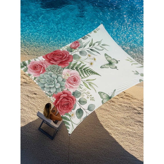 Roses Eucalyptus Sun Shade Sail 6.5' x 10', Ferns Leaf Succulents Green Butterfly Rectangle Outdoor Sunshade Canopy, Waterproof UV Block Patio Covers for Garden Yard Beach