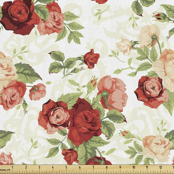 Ambesonne Roses Fabric by the Yard Upholstery, Romantic Vintage Composition, 10 Yards, Multicolor