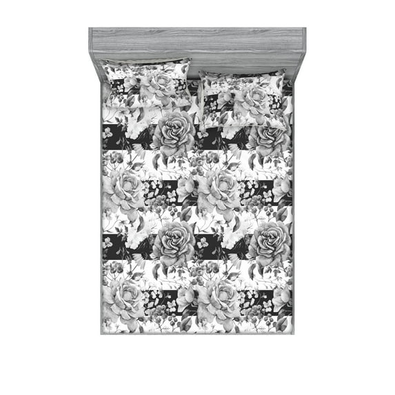 Roses Fitted Sheet & Pillow Sham Set, Black and White English Garden Detailed Sketchy Blossoms on Monochrome Stripes, Decorative Printed 3 Piece Bedding Decor, King, Grey and White, by Ambesonne