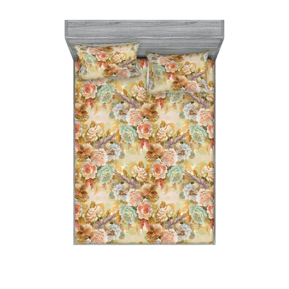 Roses Fitted Sheet & Pillow Sham Set, Colorful Garden with Watercolor Blossoming Leaves and Flowers Autumnal Tone, Decorative Printed 3 Piece Bedding Decor, Calking, Beige Caramel Salmon, by Ambesonne
