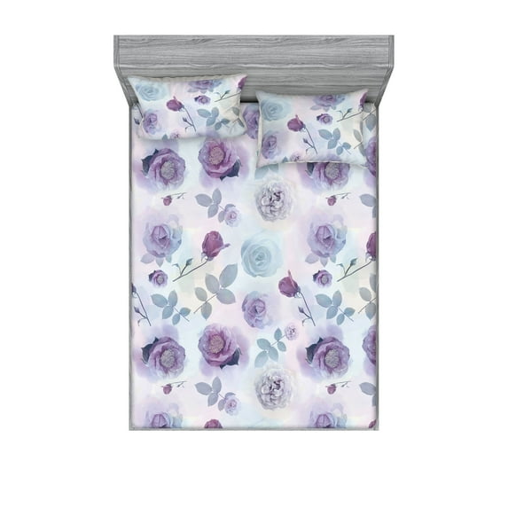 Roses Fitted Sheet & Pillow Sham Set, Pastel Colored Repetitive Flowers and Leaves on Bokeh Like Soft Hues, Decorative Printed 3 Piece Bedding Decor, Queen, Mauve and Pale Blue Grey, by Ambesonne