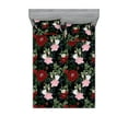 thumbnail image 1 of Roses Fitted Sheet & Pillow Sham Set, Tropical Jungle Inspirations Delicate Floral Pattern with Leafy Design, Decorative Printed 3 Piece Bedding Decor, Full, Peacock Green Raspberry, by Ambesonne, 1 of 1