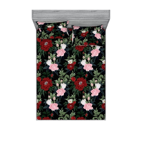 Roses Fitted Sheet & Pillow Sham Set, Tropical Jungle Inspirations Delicate Floral Pattern with Leafy Design, Decorative Printed 3 Piece Bedding Decor, King, Peacock Green Raspberry, by Ambesonne