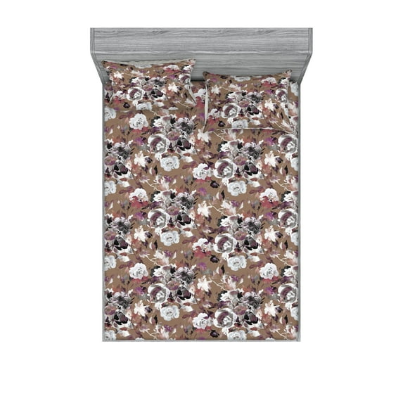 Roses Fitted Sheet & Pillow Sham Set, Vintage Blossoms of Romantic Watercolor Branches Botanical Look Print, Decorative Printed 3 Piece Bedding Decor, Full, Cocoa Grey and Mauve Taupe, by Ambesonne
