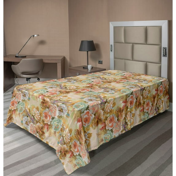 Ambesonne Roses Flat Bedding Sheet Soft Top Sheet, Colorful Blossoming Leaves, Twin XL, Beige Caramel Salmon