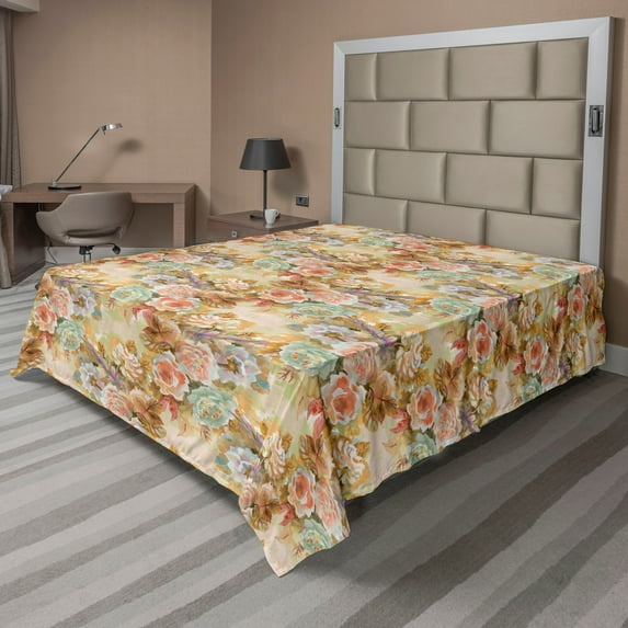 Ambesonne Roses Flat Bedding Sheet Soft Top Sheet, Colorful Blossoming Leaves, California King, Beige Caramel Salmon