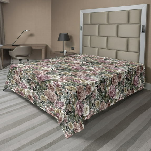 Ambesonne Roses Flat Bedding Sheet Soft Top Sheet, Exotic Garden Wild Floral Art, King, Sage Green Pink and Blush