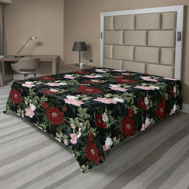 Roses Flat Sheet, Tropical Jungle Inspirations Delicate Floral Pattern with Leafy Design, Soft & Comfy Top Sheet Decorative Bedding 1 Piece, California King, Peacock Green Raspberry, by Ambesonne
