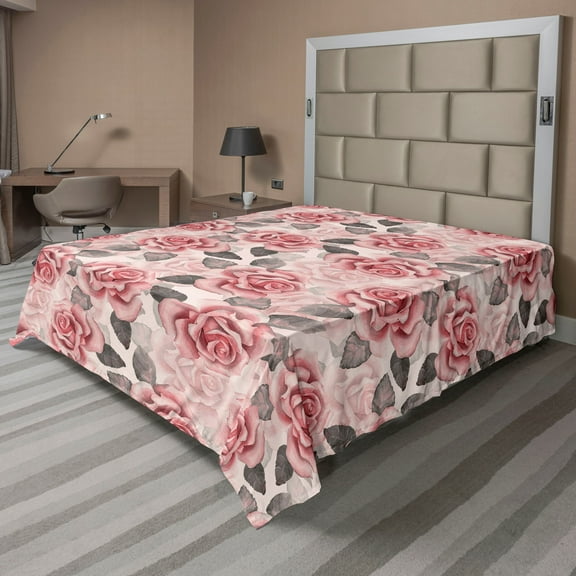 Ambesonne Roses Flat Bedding Sheet Soft Top Sheet, English Garden Floral Artwork, California King, Grey and Pastel Pink