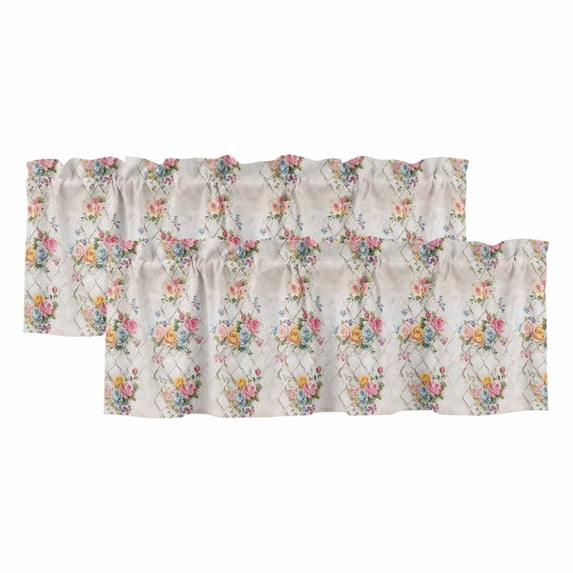 Roses Floral Curtain Valances for Windows, Kitchen Valance Window Treatments Panel 2 Pack, Rustic Vintage Luxury Flowers Botanical Rod Pocket Short Curtains for Bathroom Bedroom 42 x 18 Inch