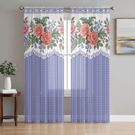 Roses Floral Sheer Curtains 63 Inch Length 2 Panels Set, Farmhouse Botanical Flowers Blue Stripes Voile Window Treatment Rod Pocket Curtains Sheers Drapes for Bedroom/Living Room/Kitchen 52x"63"x2