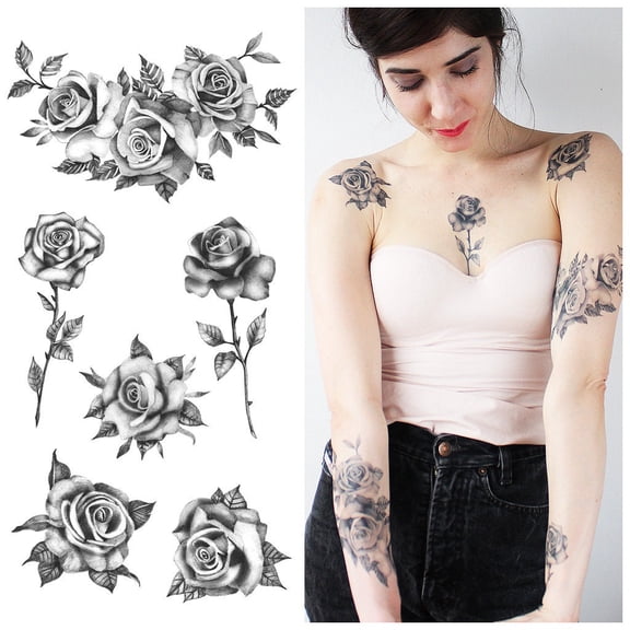 Roses Flower Set (Set of 6) - Temporary Tattoo / Realistic Roses Tattoo / Roses Tattoo / Flowers Tattoo/ Black Roses/Temporary Tattoo Floral