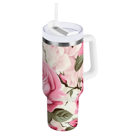 Roses Flower Tumbler with Handle and Straw Insulated Travel Mug Reusable Stainless Steel Water Bottle 40 oz