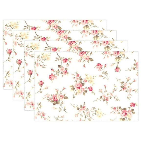 Roses Flowers 4 PCs Placemats Set Linen Non-Slip Table Mat Rectangular Washable for Dining Kitchen Party 12"x18"