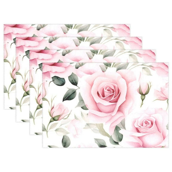 Roses Flowers 4 PCs Placemats Set Linen Non-Slip Table Mat Rectangular Washable for Dining Kitchen Party 12"x18"