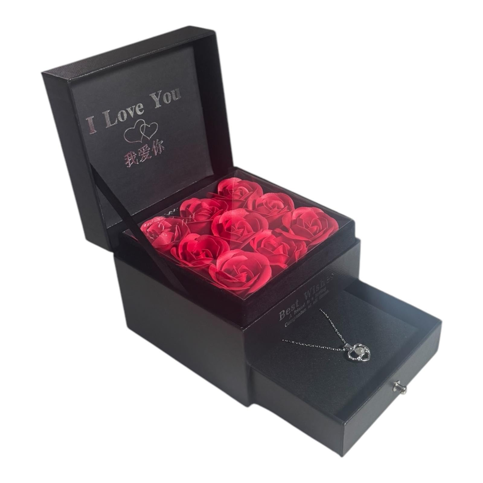 Roses Flowers Gift for women Elegant Box with 9 Artificial Roses and Heart Necklace - Romantic Gift Mother's Day, Wife, Girlfriend, AnniversaryGrandma San Valentin Best Friend C113