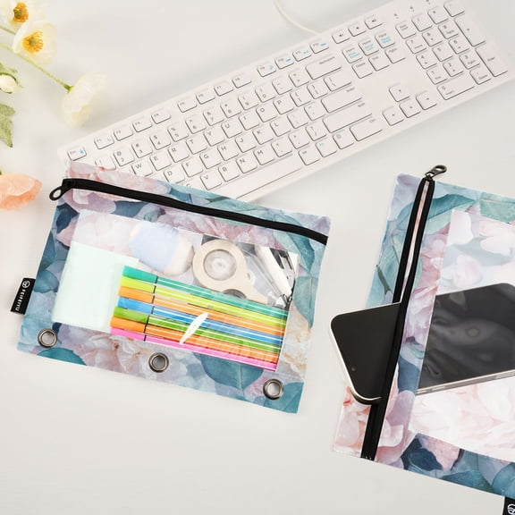 Roses Flowers Leaves 2 Pack Pencil Pouches Zipper Pencil Case 3 Ring Pencil Pouch Cosmetic Bag