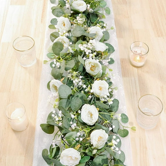 Roses Garland Decoration,5.9Ft Reusable Eucalyptus Vines for Wedding Backdrop Decorations,2Pack,White Table Runner Decor for Home,Party