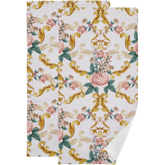 Roses Gold Baroque Hand Towels, Ubique Flower Kitchen Towel Ultra Soft and Absorbent,Decorative Fingertip Face Towel for Bathroom Hotel, 2 PCS, 28.3"x 14.4"