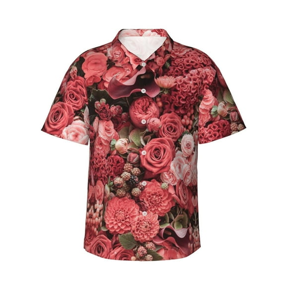 Roses Hawaiian Shirts For Men, Summer Short-Sleeve Relaxed-Fit Button-Down Shirts Large