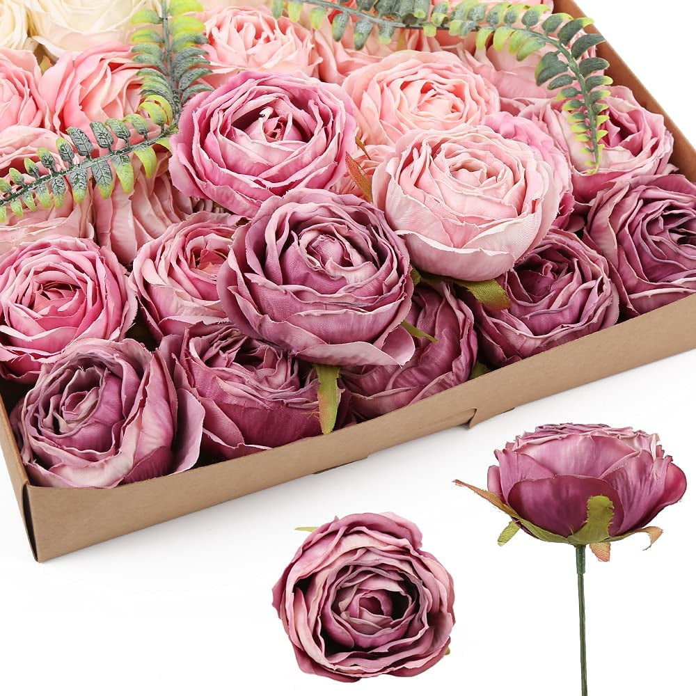 Roses Heads Dried Silk Flowers Fake Roses Heads for Floral Arrangements Roses Artificial Flowers for Silk Bouquet Bulk Wedding Flowers in Purple Bulk Silk Roses (Light Pink Purple Mixed)