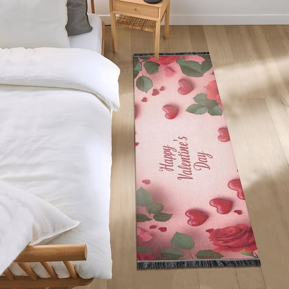 Roses Hearts Happy Valentine's Day Bedside Runner Rug 2'x 6' Non Slip Carpet Floor Mat Area Rug