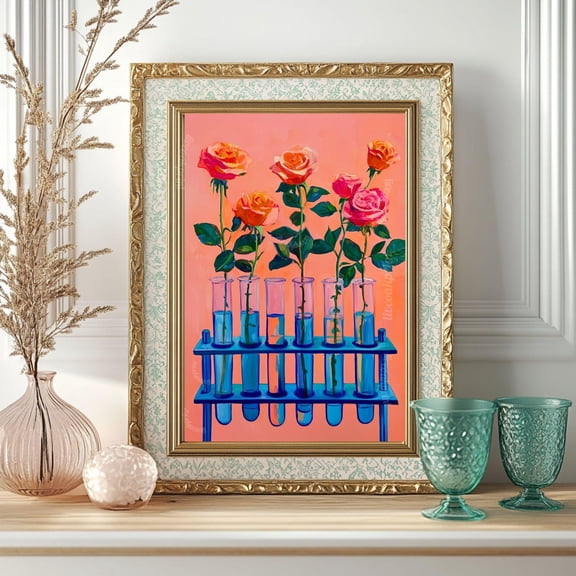 Roses In Test Tubes Art Print Pink Floral Science Wall Art For Plant Lovers Teachers Scientists Whimsical Botanical Home Decor