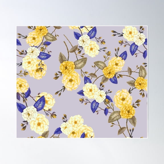 Roses In Yellow And Blue On Dove Grey Poster Wall Art, Modern Wall Decor For Living Room Bedroom, 30x30 UNFRAMED