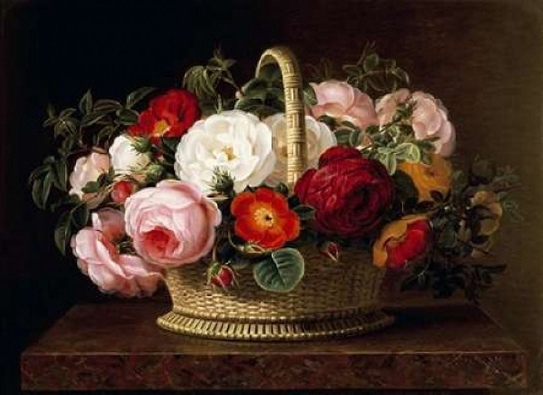 Roses In a Basket On a Ledge Canvas Art - Johan Laurents Jensen (18 x 24)
