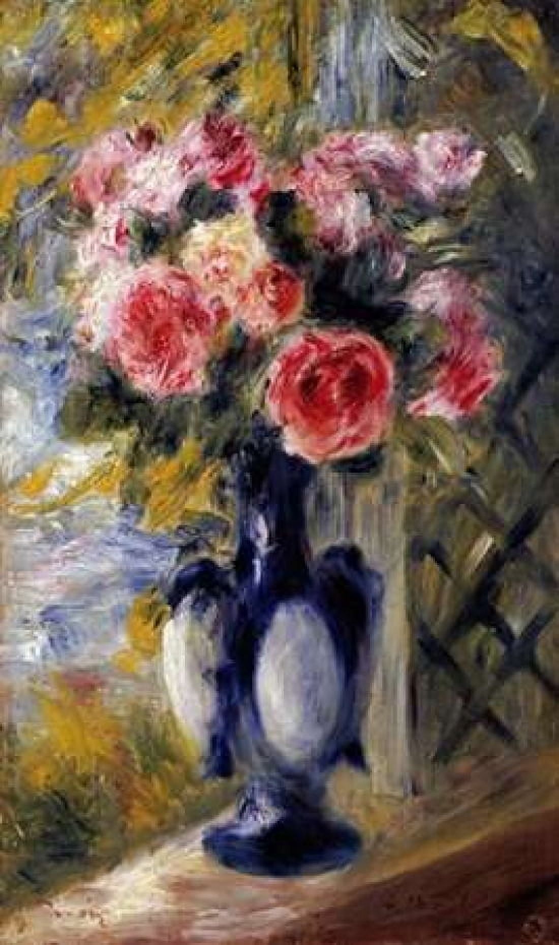 Roses In a Blue Vase Canvas Art - Pierre-Auguste Renoir (12 x 18)
