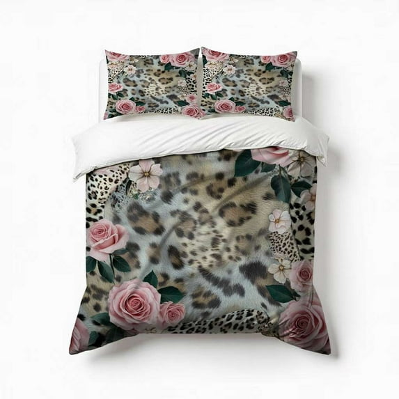 Roses Leopard Print Floral Bedding Set 3 Pcs Soft Microfiber Quilt Cover For Bedroom Decor, Comforter Cover With 2 Pillowcase