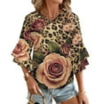 thumbnail image 1 of Roses Leopard Print Floral Women's V-Neck Blouse With 3/4 Ruffled Bell Sleeves Casual Top Ladies Blouses, 1 of 7