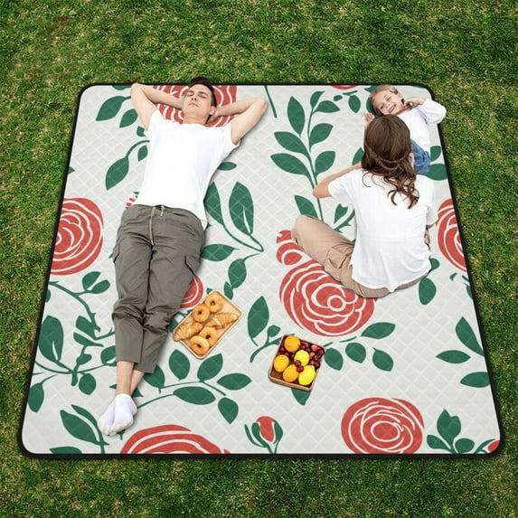 Roses Line Leaves and Flowers Floral Beach Blanket Outdoor Picnic Blanket 78"x 78" Waterproof Foldable for Beach Camping Travel Hiking Grass Lawn Park