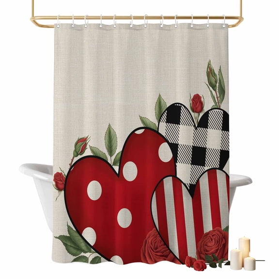 Roses Love Heat Bathroom Shower Curtains with Hooks, Valentine's Day Romance Pink Rustic Waterproof Fabric Washable Shower Curtain for Home Hotel Bathtub Decor 72x72 Inch