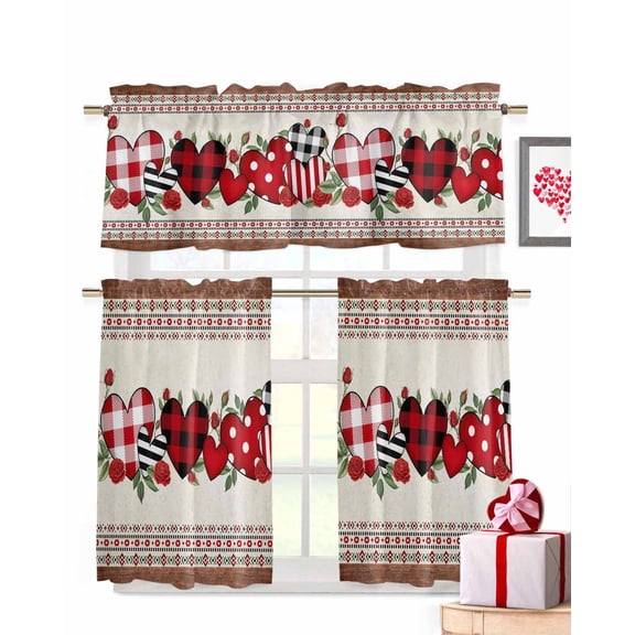 Roses Love Heat Kitchen Curtains Valances and Tiers Set of 3, 24 Inch Length Tier Curtains and Valance Rod Pocket Valance Curtains Set for Kitchen Bathroom Small Windows