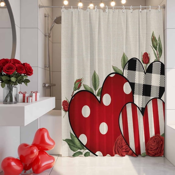 Roses Love Heat Shower Curtain, 72" x 72", Valentine's Day Romance Pink Rustic Waterproof Bathroom Curtain Washable Shower Curtain Set with 12 Hooks