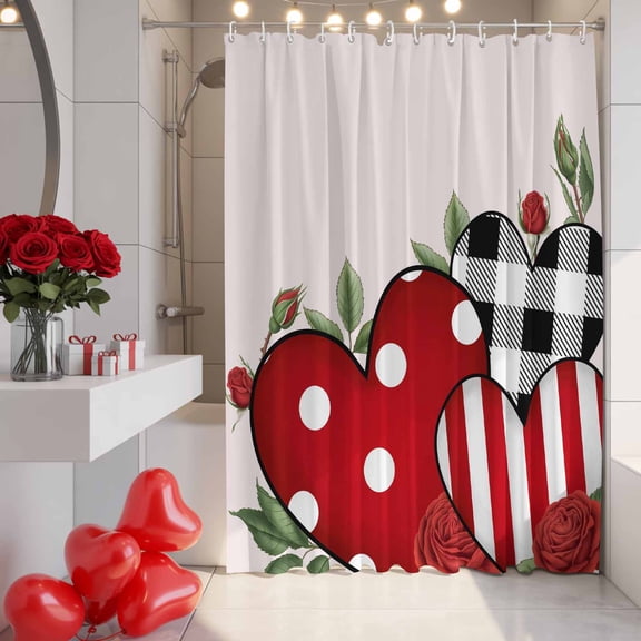 Roses Love Heat Shower Curtain, 72" x 72", Valentine's Day Romance Pink Waterproof Bathroom Curtain Washable Shower Curtain Set with 12 Hooks