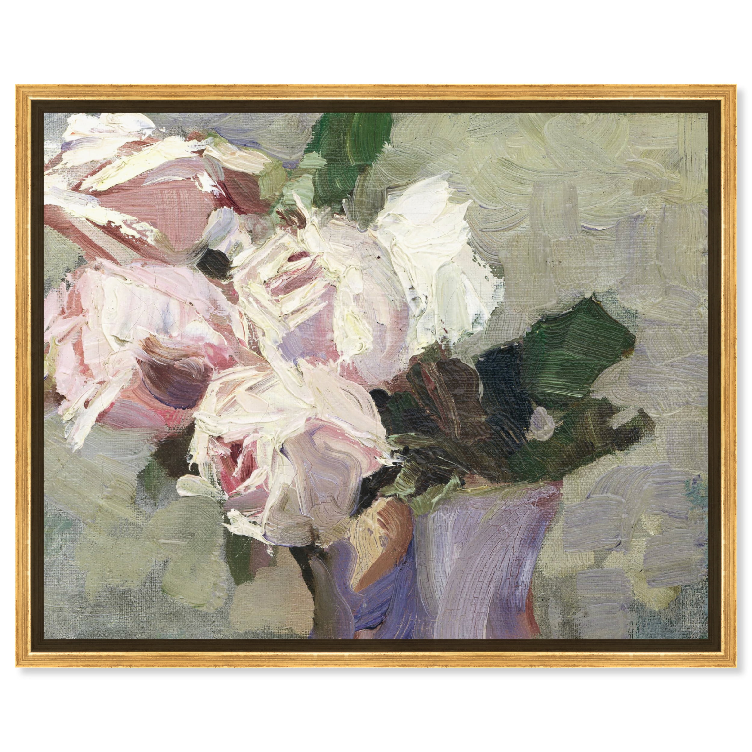 Vintage Roses Oil Painting on Canvas with Gold Frame, 20" x 16"