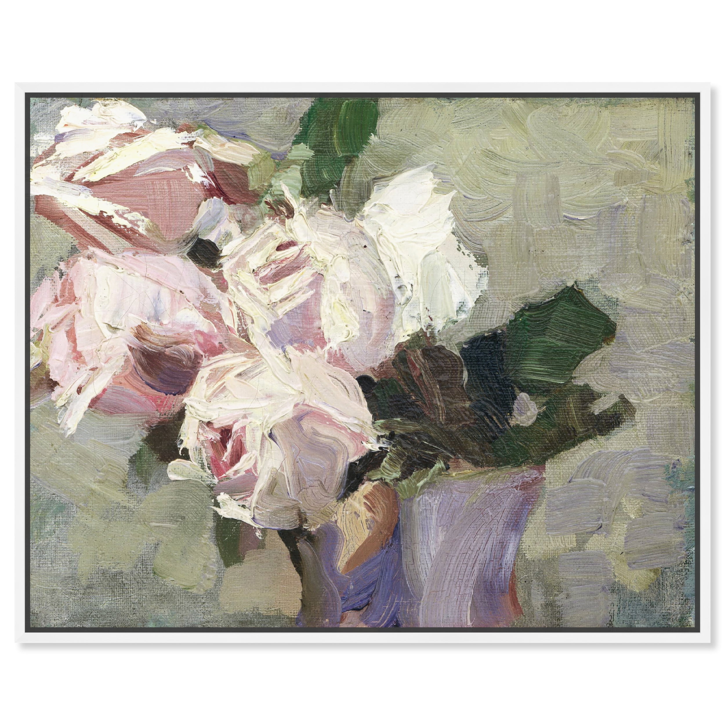 Vintage Pink and White Roses Oil Painting on Canvas