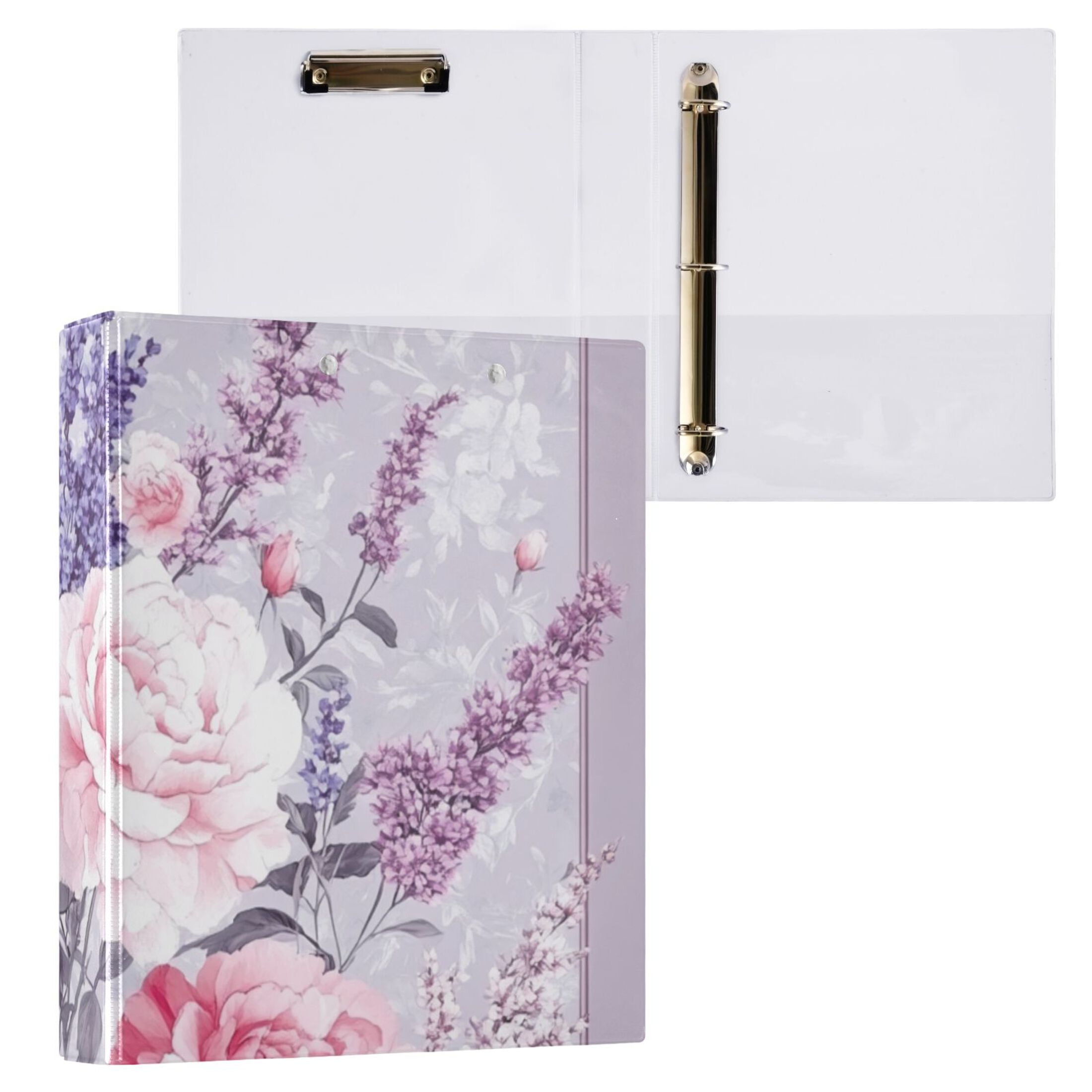 Roses Peonies Lavender Flowers 3 Ring Binders 1.5 inch Hardcover File Folders with Interior Pockets A4 Size Organizer for School Office Hospital