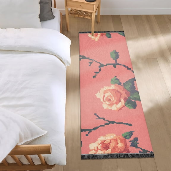 Roses Pixel Style Bedside Runner Rug 2'x 6' Non Slip Carpet Floor Mat Area Rug