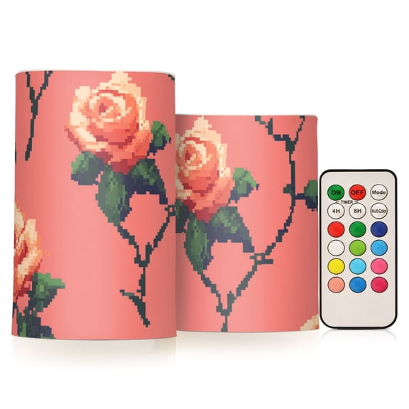 Roses Pixel Style Flickering Flameless Candles LED Tealight Battery Operated with Remote Set of 2 Holiday Decor Ornaments