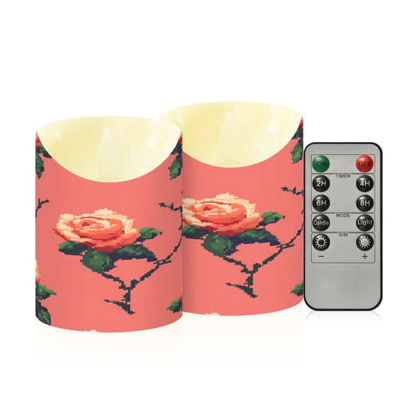 Roses Pixel Style Flickering Flameless Candles with Remote Timer Battery Operated LED Tealight Set of 2 S