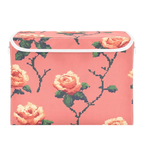 Roses Pixel Style Foldable Storage Bin with Lid and Handle Collapsible Storage Box 16.5 x 12.6 x 11.8 inches