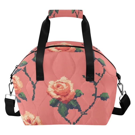 Roses Pixel Style Insulated Lunch Bag Reusable Quilted Lunch Box Waterproof Leakproof Lunch Container