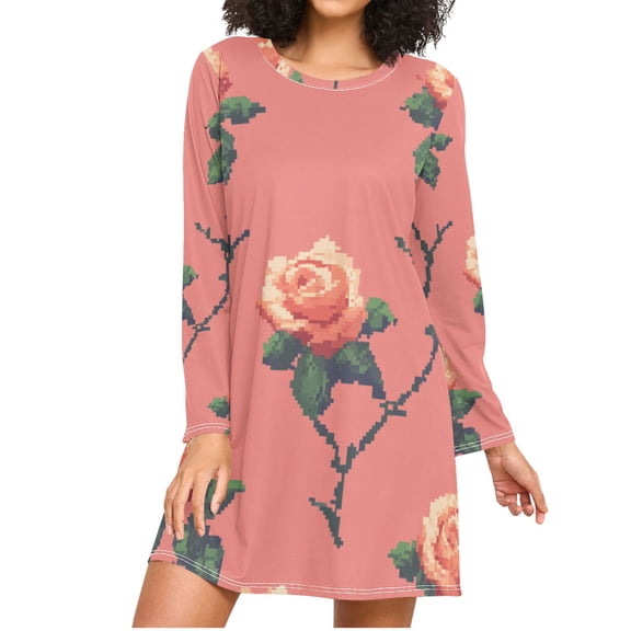 Roses Pixel Style Women's Long Sleeves Nightgowns Sleepwear Soft Pajama A-line Sleep Dress XXXL