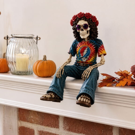 Roses & Rhythm Skeleton Figure, Vintage Hippie Style Statue, Halloween Decoration, Durable Resin Craft for Daily Display, Holiday Layout and Gifting