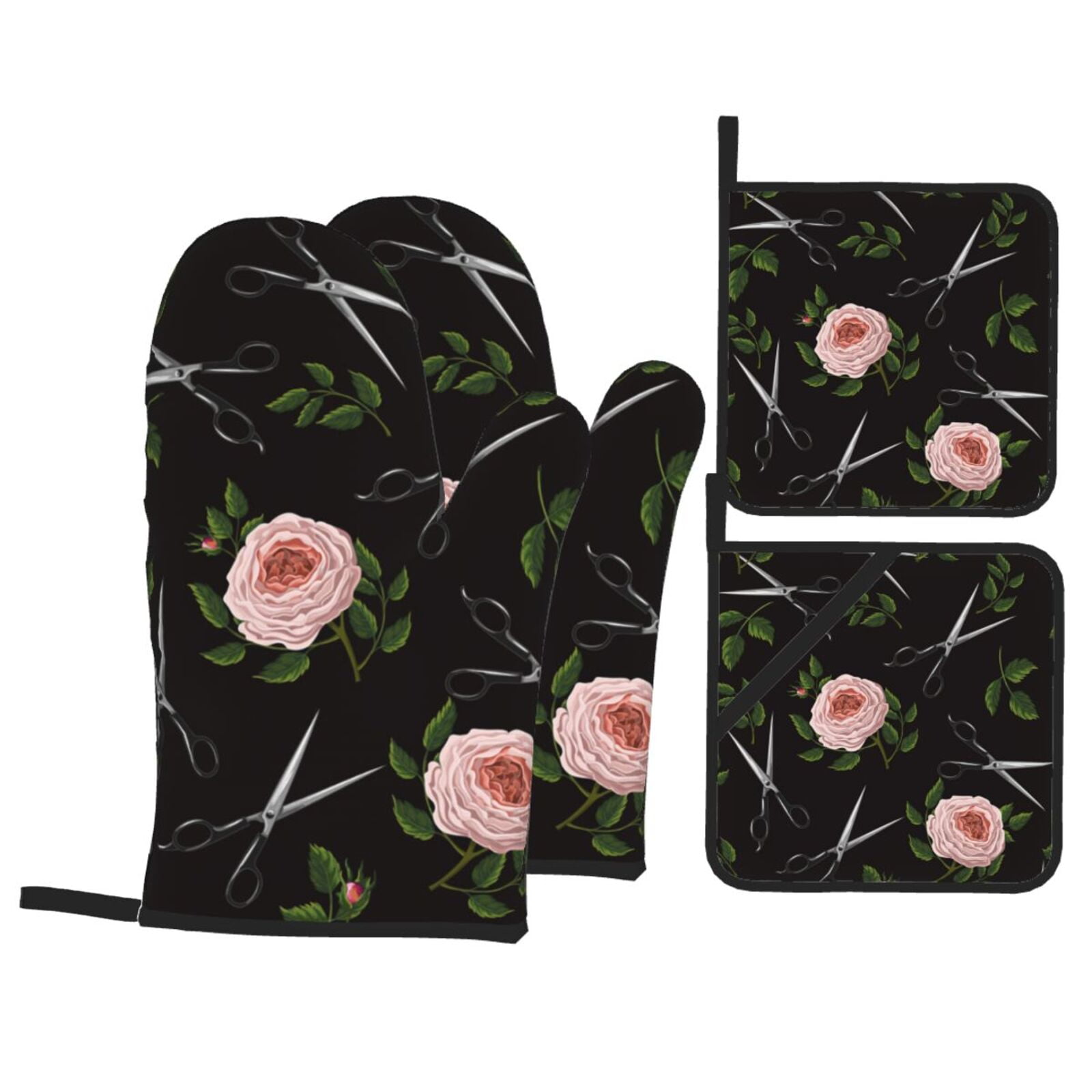 Roses Scissors Salon 4Pcs Oven Mitts and Pot Holders Sets Oven Kitchen Gloves Hot Pads for Cooking BBQ Baking Grilling